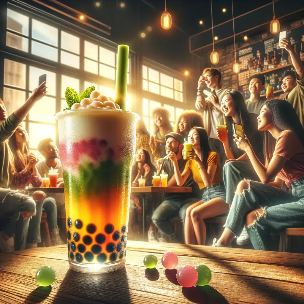 a group of people are sitting around a table drinking bubble tea .