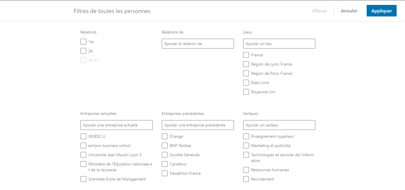Filtre pers linkedin